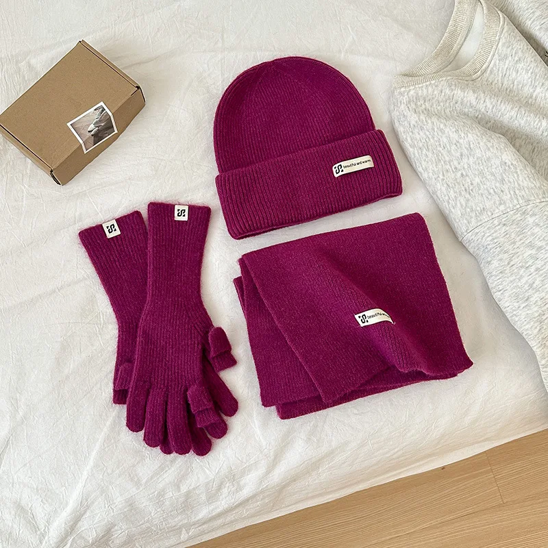 3pcs set topi kupluk musim dingin syal panjang sarung tangan wanita dan pria set topi musim dingin rajutan unisex warna solid hangat