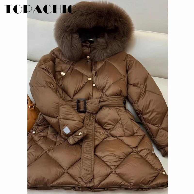 9.5 TOPACHIC-Women Quilted Argyle Plaid White Goose Down Jacket Fur Hooded Keep Warm Mid-Length Sashes Down Outerwear