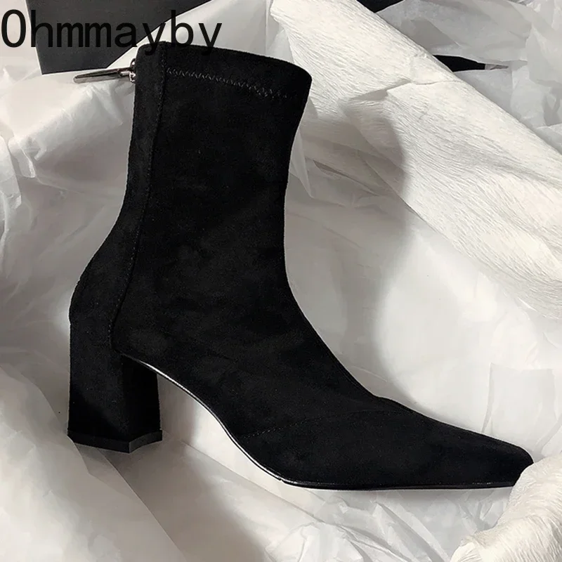 Ankle boots de dedo apontado para mulheres, salto alto, barcos curtos, botas Morder elegantes, moda, outono