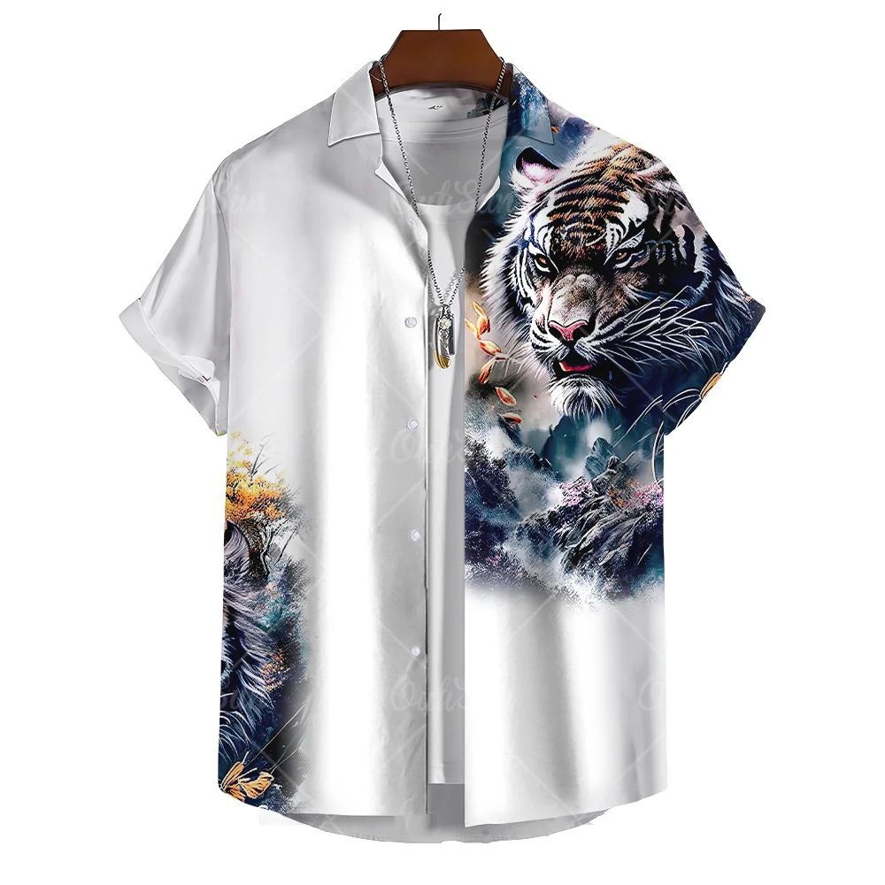 Animal Hawaiian Men'S Shirt 3d Tiger Print High-Quality Men'S Clothing Street Designer Short Sleeved Beach Party Sweatshirt Tops