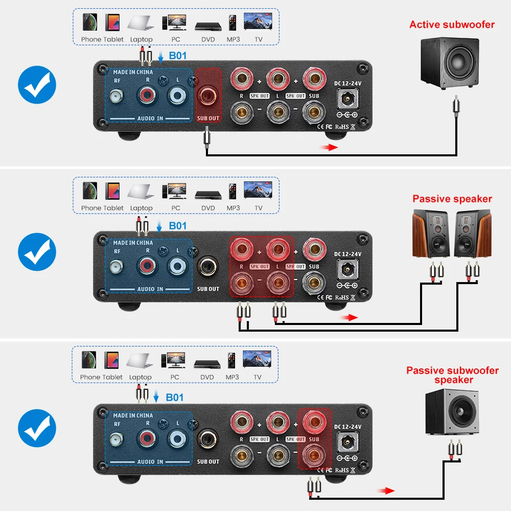 AIYIMA B01 Bluetooth Leistungsverstärker 2.1 Sound-Verstärker Lautsprecher Heim-Audio-Verstärker A03 TPA3116 Subwoofer-Verstärker 50Wx2+100W – Detail 9