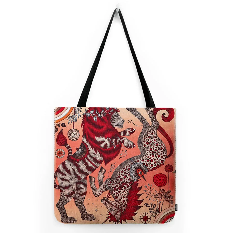 Tropical Plants Animal Print Lion Tiger Leopard Zebra Giraffe Owl Eagle Print  Water Resistant Shopper Bag Linen Big Tote Bag