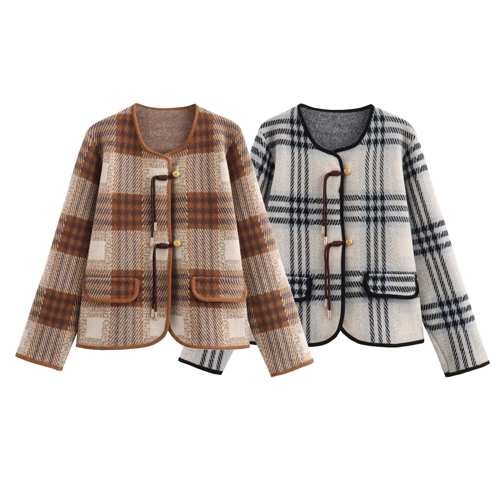 

Zach Ailsa Autumn New Product Women's Casual Versatile Round Neck Long Sleeve Checkered Knitted Cardigan Sweater Coat