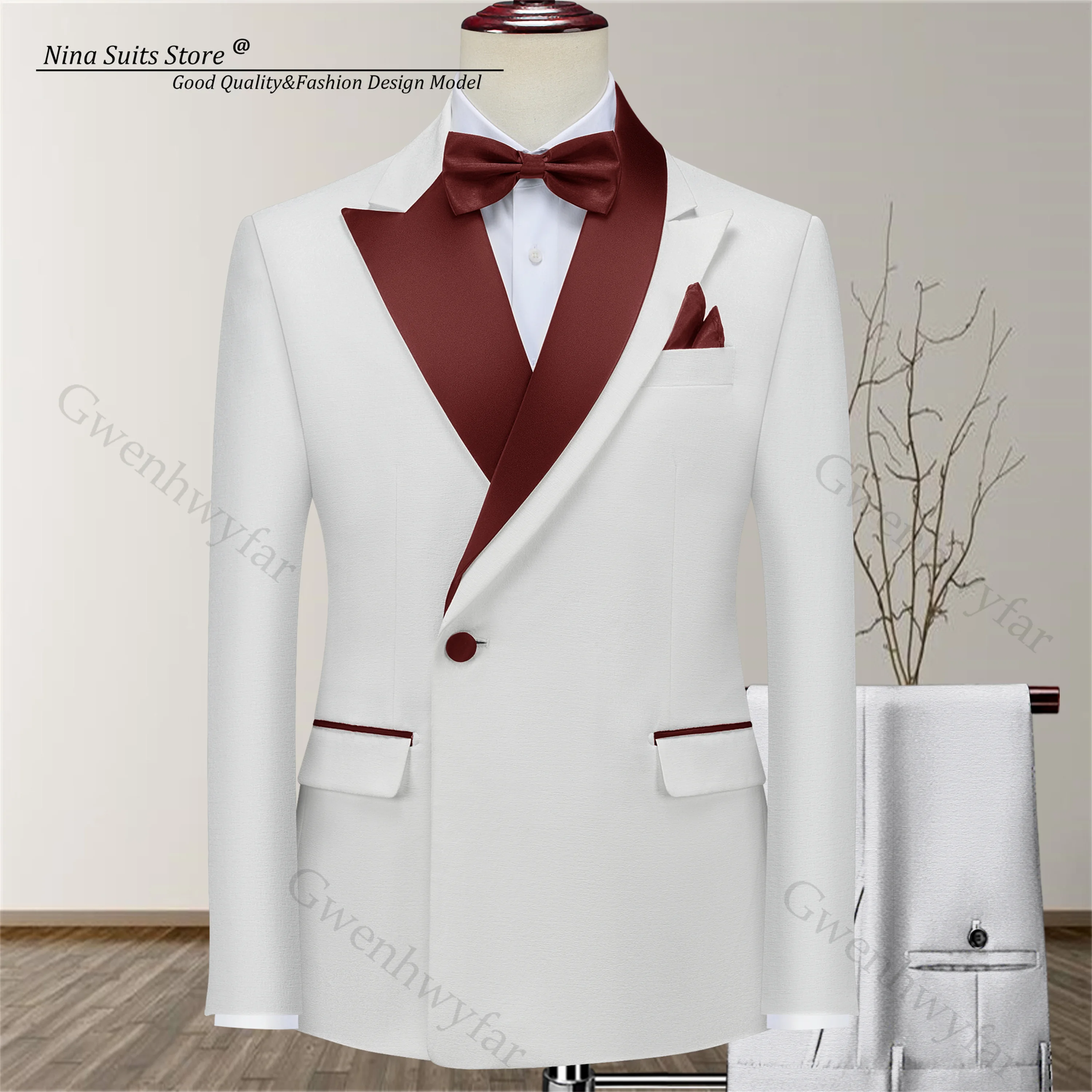 

Gwenhwyfar 2025 Summer New White Suit 2 Pieces Bright Satin Asymmetric Collar in Burgundy Navy Gold Black Elegant Wedding Suits