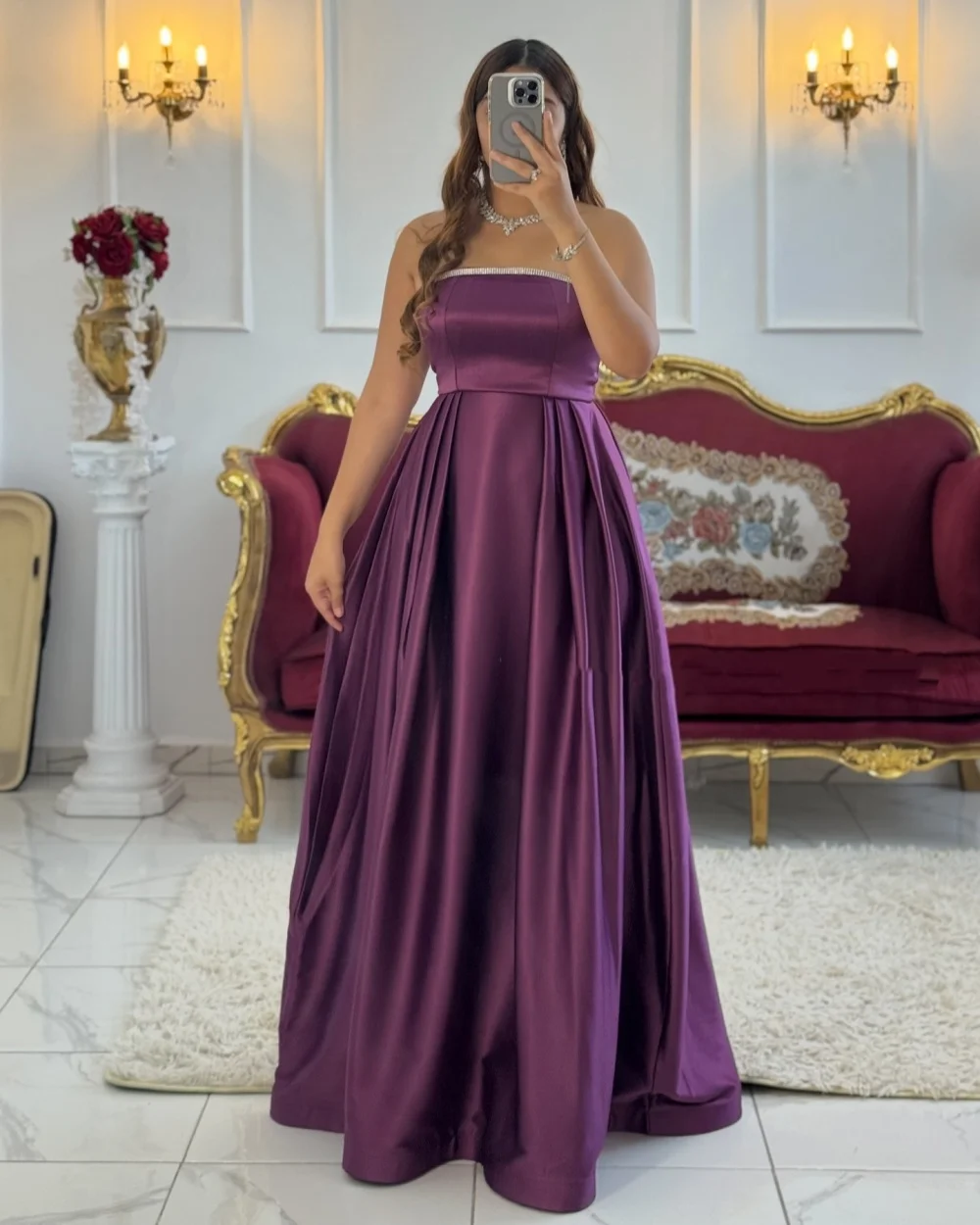 

Customized Modern Style Formal Charmeuse Sequined Pleat A-line Strapless Long Dresses Bespoke Occasion Dresses Sizes Available