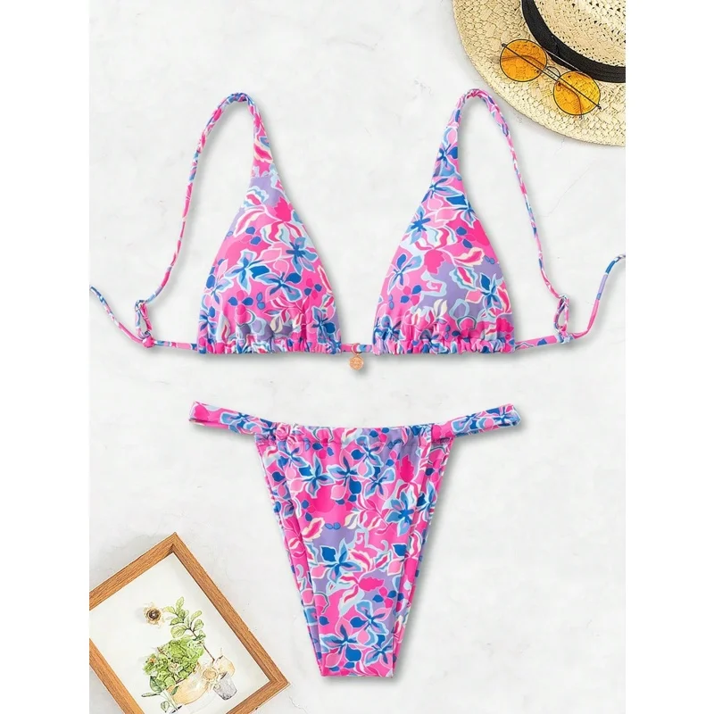 

Винтажный микро-бикини с цветочным узором, женский сексуальный треугольный купальник на шнуровке, пуш-ап, лето 2025, новый пляжный купальный костюм с разрезом