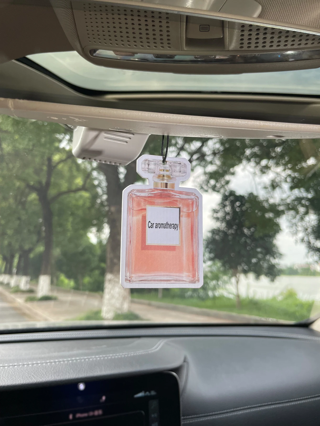 Square Peach‑Pink Perfume Bottle Hanging Car Air Freshener, Natural Plant‑Extracted Fragrance, Alcohol‑Free Non‑Toxic, Heat Resi