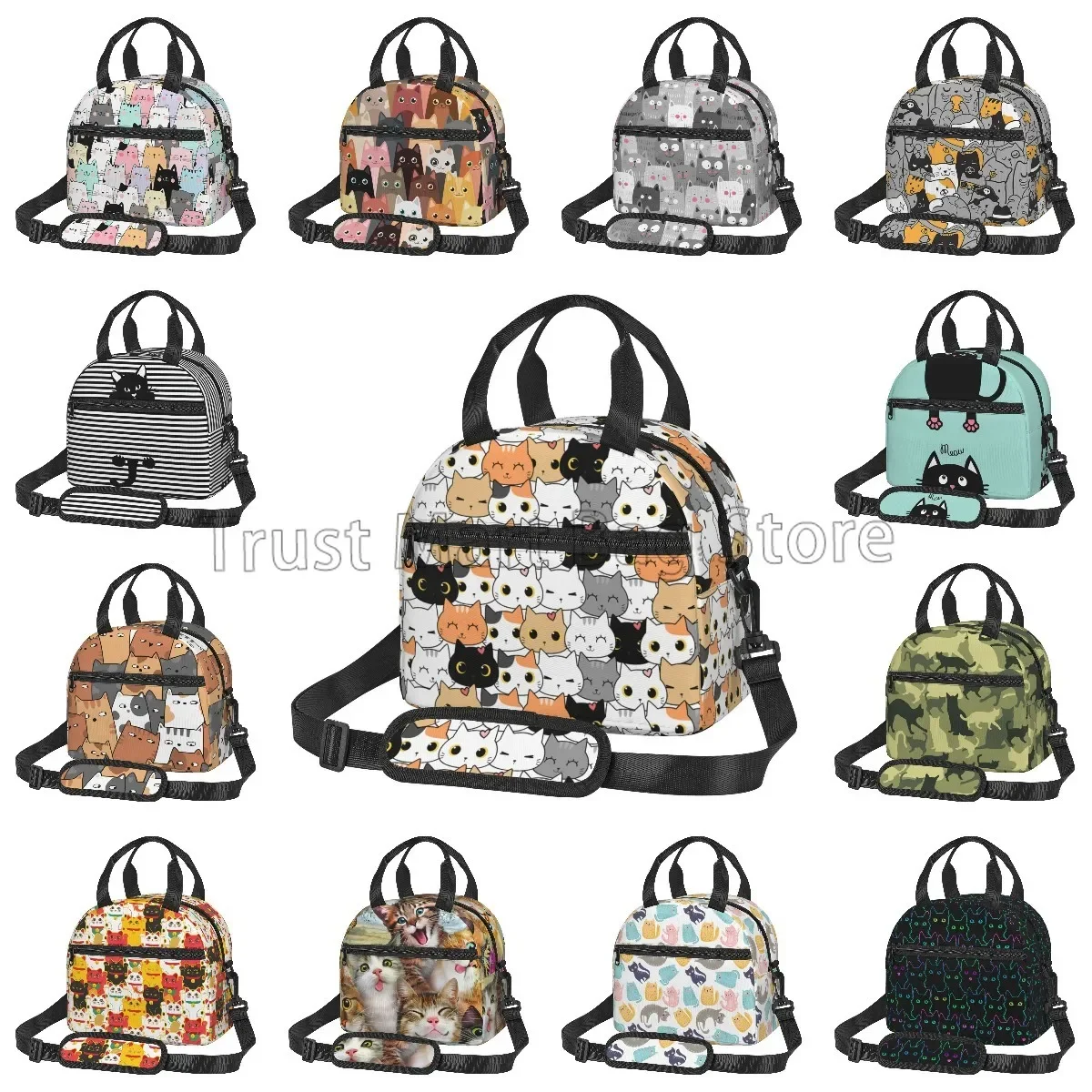 Sac à lunch thermique à motif de chats mignons, sac isotherme réutilisable, fourre-tout à bento avec sangle initiée pour l'école, le bureau, le voyage de pique-nique