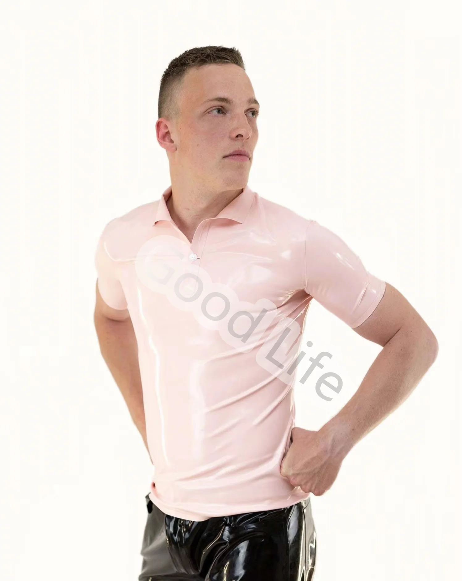 Handmade Short Sleeved Men baby pink latex Polo Shirt fashion rubber Shirts Fashion Tops