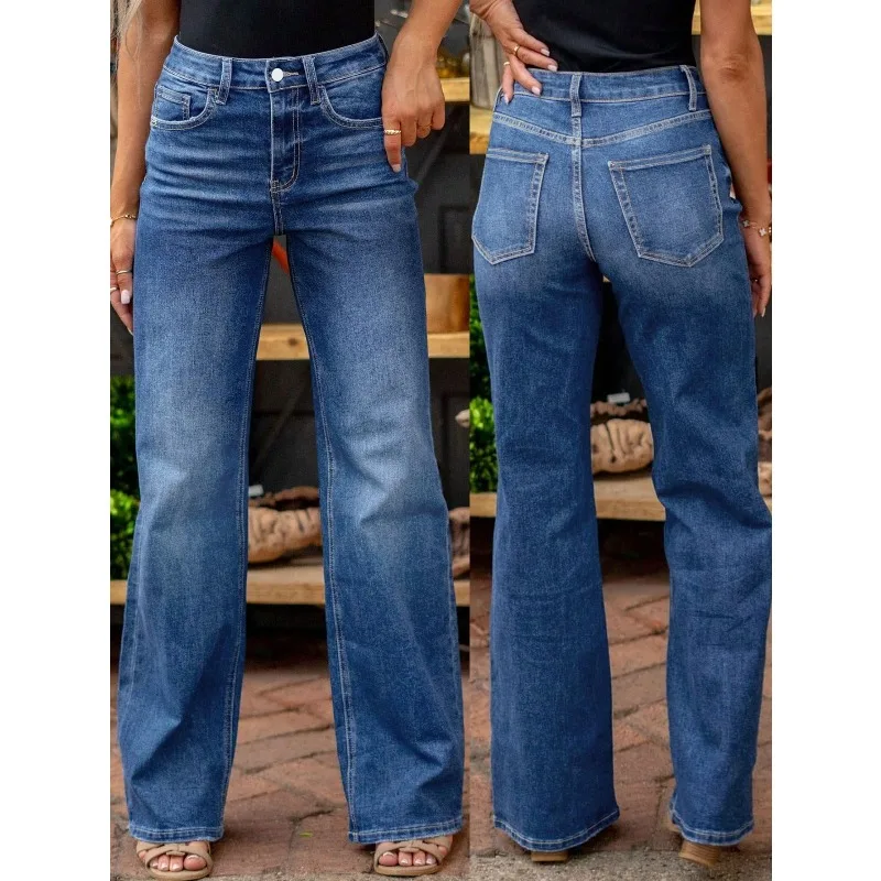 

2026 Women New Women's High-Waisted Straight-Leg Jeans - Vintage Washed Dark Blue Denim, Slim Fit With Built-In Zipper Closure, Machine Washable Casual Pants For All-Season Versatile Style,Winter, Christmas And New Year Matching Spring
