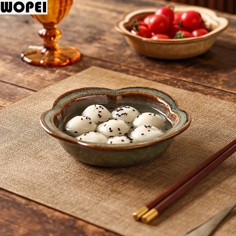 Flame-Killed Ceramic Plate Flower Edge Dessert Plate Thick Soup Plate Fruit Salad Plates Pasta Plates Restaurant Tableware