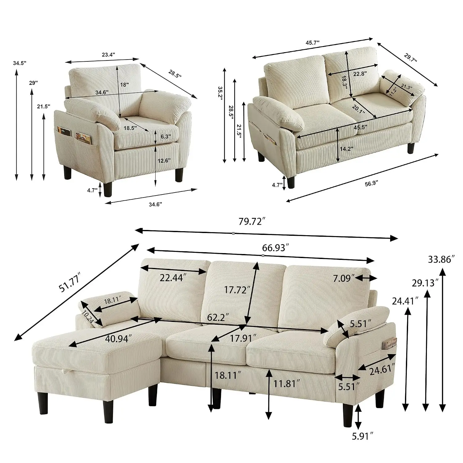 4 Piece Modern Corduroy Sofa Set, L-Shaped Sectional Couch with Storage Ottoman, Loveseat & Single Arm Chair, Side, Customized