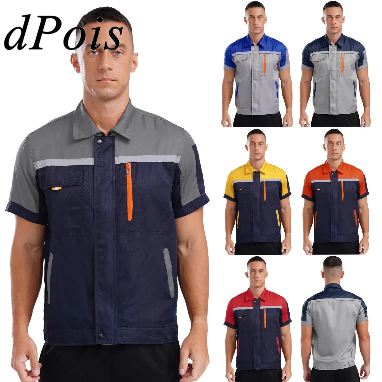 

Mens Factory Workshop Work Uniform Jacket Tops Mechanic Jacket Short Sleeve High Visibility Zipper Outerwear Labor Shirt Tops