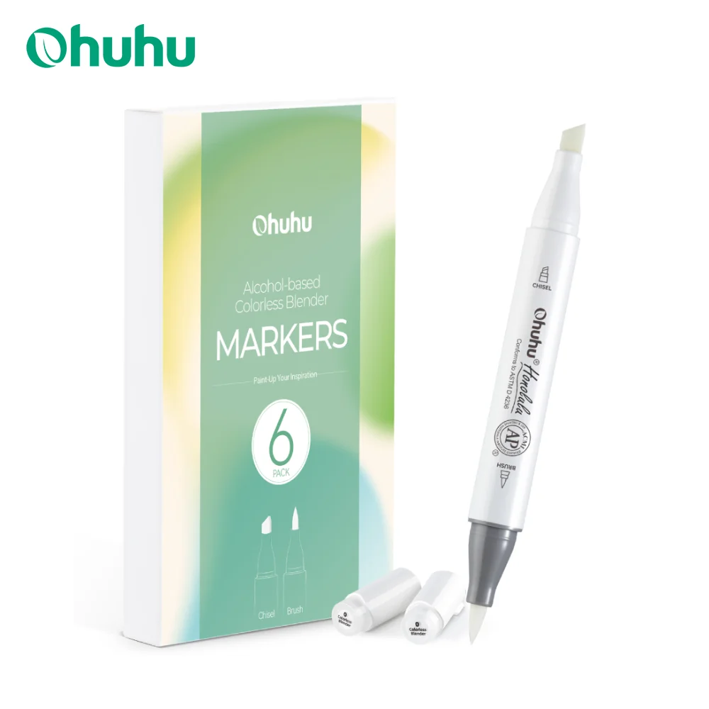 Ohuhu Honolulu Colorless Blender Marker Pack of 6 Alcohol Based Ink No.0 Clear Blender for Adding Highlights Textures Erasing