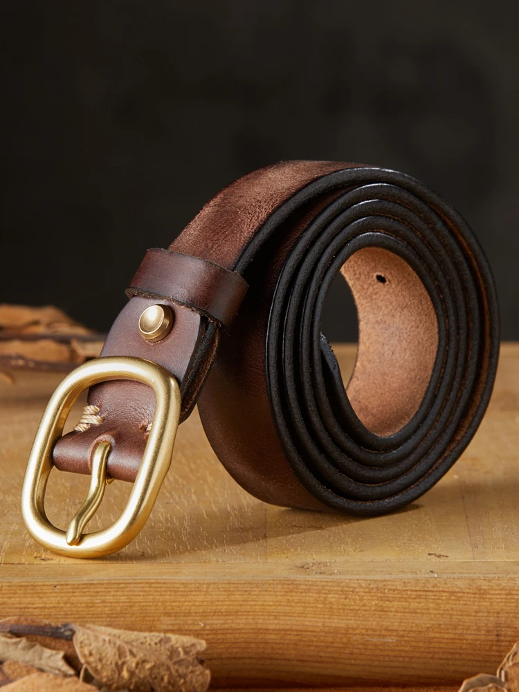 手作りレザーベルト-ニードルバックル付き-ヴィンテージ銅バックル-トップレイヤー牛革-シンプルカジュアルジーンズベルト-女性用