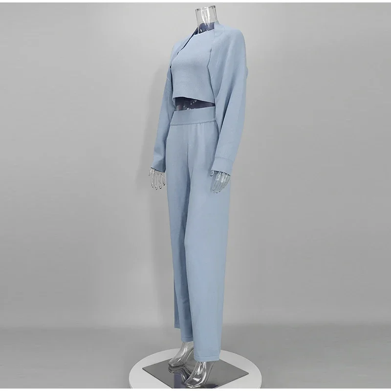 Damen Strick-3-Teiler-Set: O-Ausschnitt, ärmelloses Crop-Top, Langarm-Mantel, weit geschnittene Hose, Herbstmode, neue Strickwaren für Damen – Detail 1