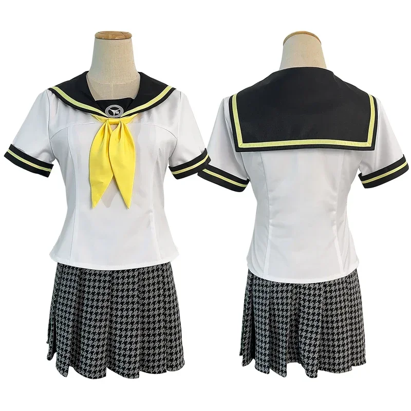 HOLOUN P4 Game Kujikawa Rise Cosplay Costume Embroidery School Badge Plaid Pattern Skirt Summer Version Sailor Top Bow-knot