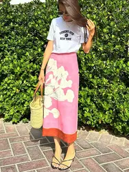 HH Woman's New Fashion Summer A-Line Skirt Print Mid-Waist Slit Zipper Skirt Female Vintage Holiday Style Straight Skirts