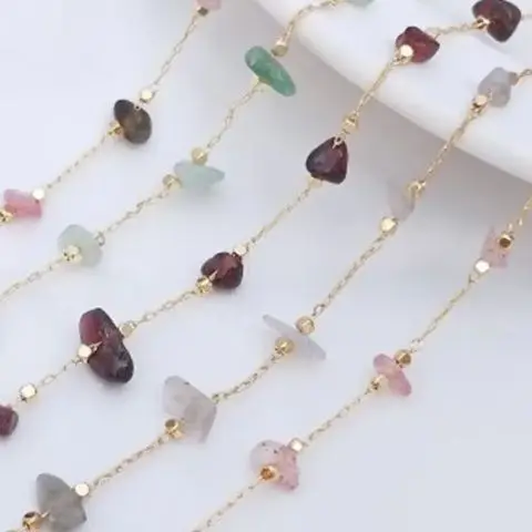 Natural Tourmaline Garnet Strawberry Crystal Gravel Chain, 14K Gold Plated Cable Chain, DIY Jewelry Making Materials B652