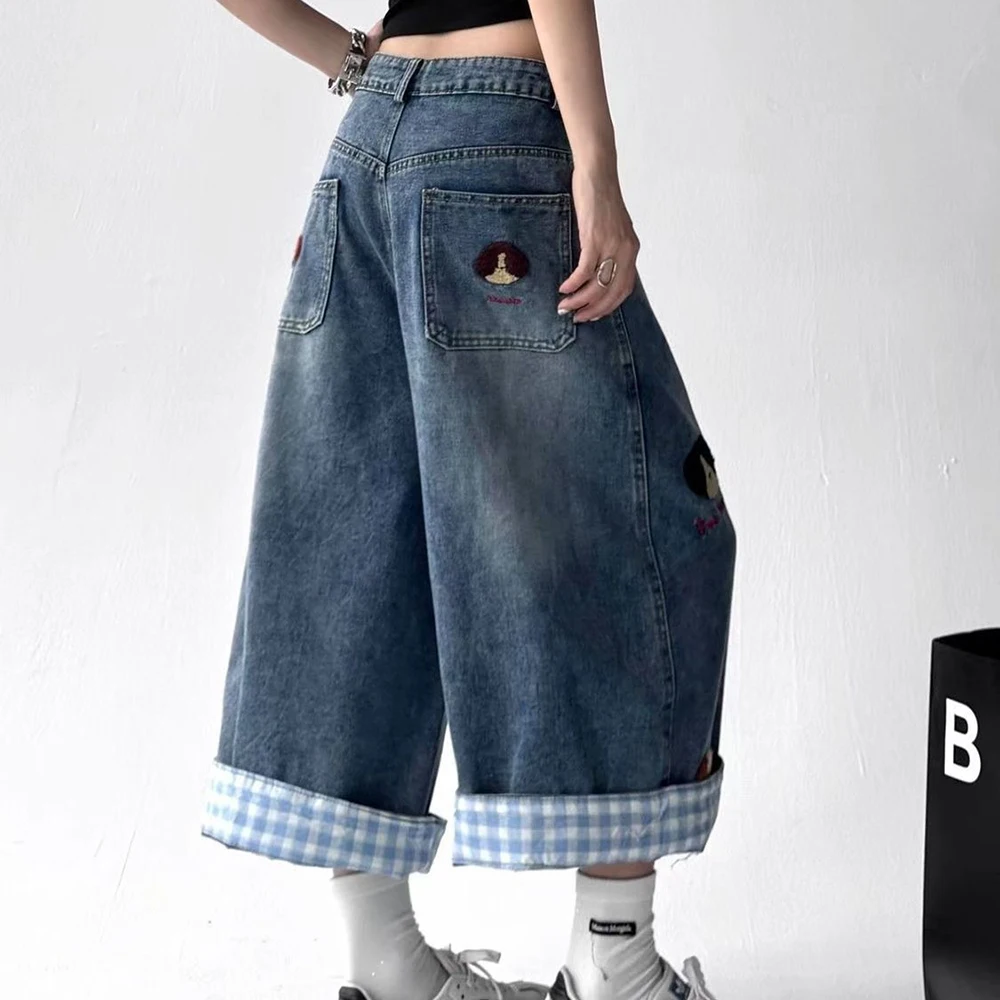 washed old puppy embroidered wide-leg denim shorts women's 2025 summer retro loose  thin cropped pants