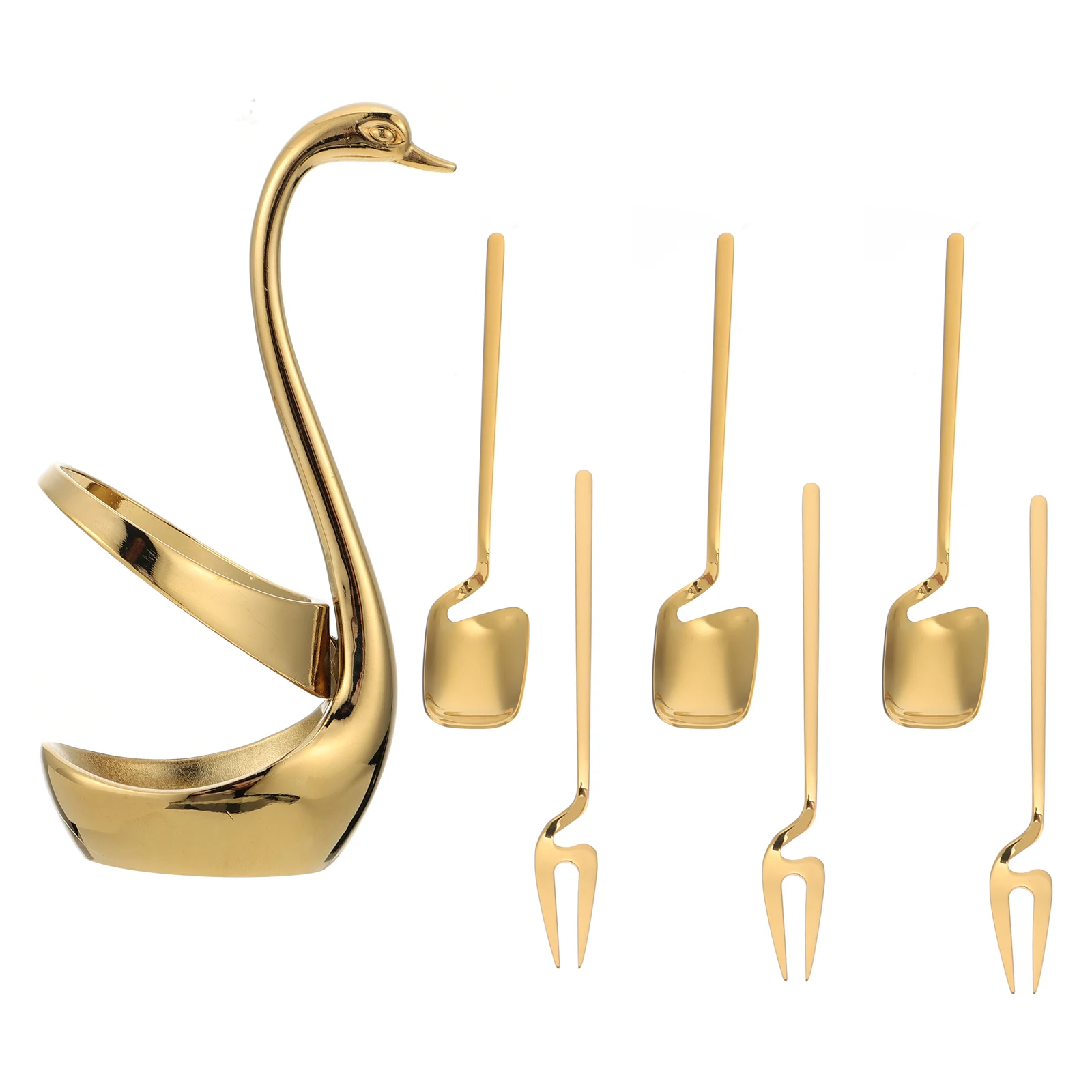 

1 set Stainless Set Swan 3Forks 3Spoons Round Spoon Metal Spoon AntiRust Kitchen Cake Eating