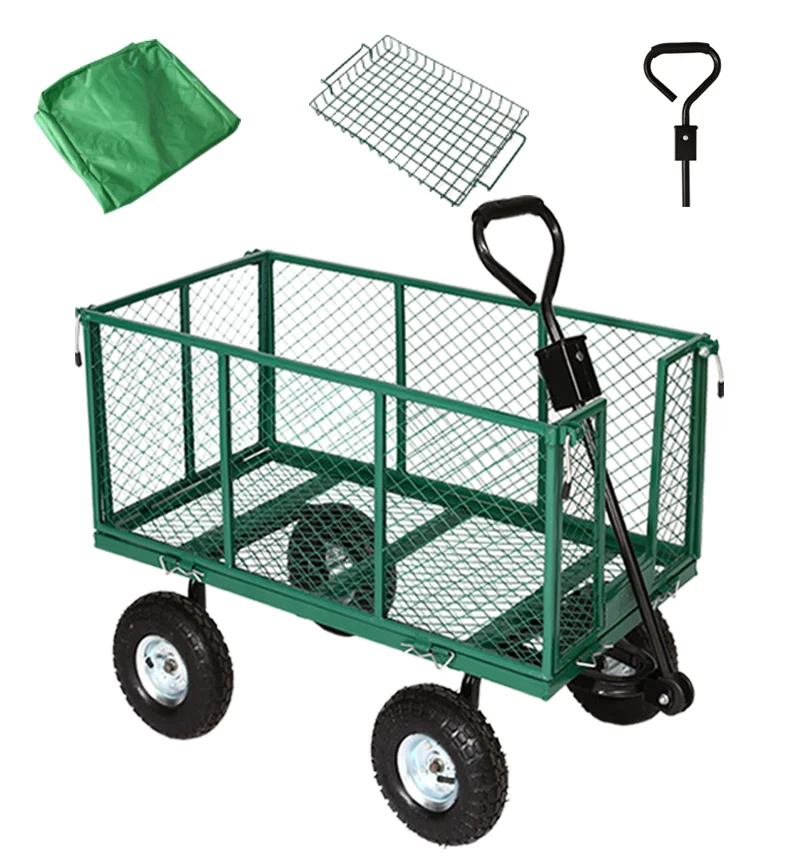 Metal Structure Garden Carts 4 Wheels Mesh Green Hand Truck