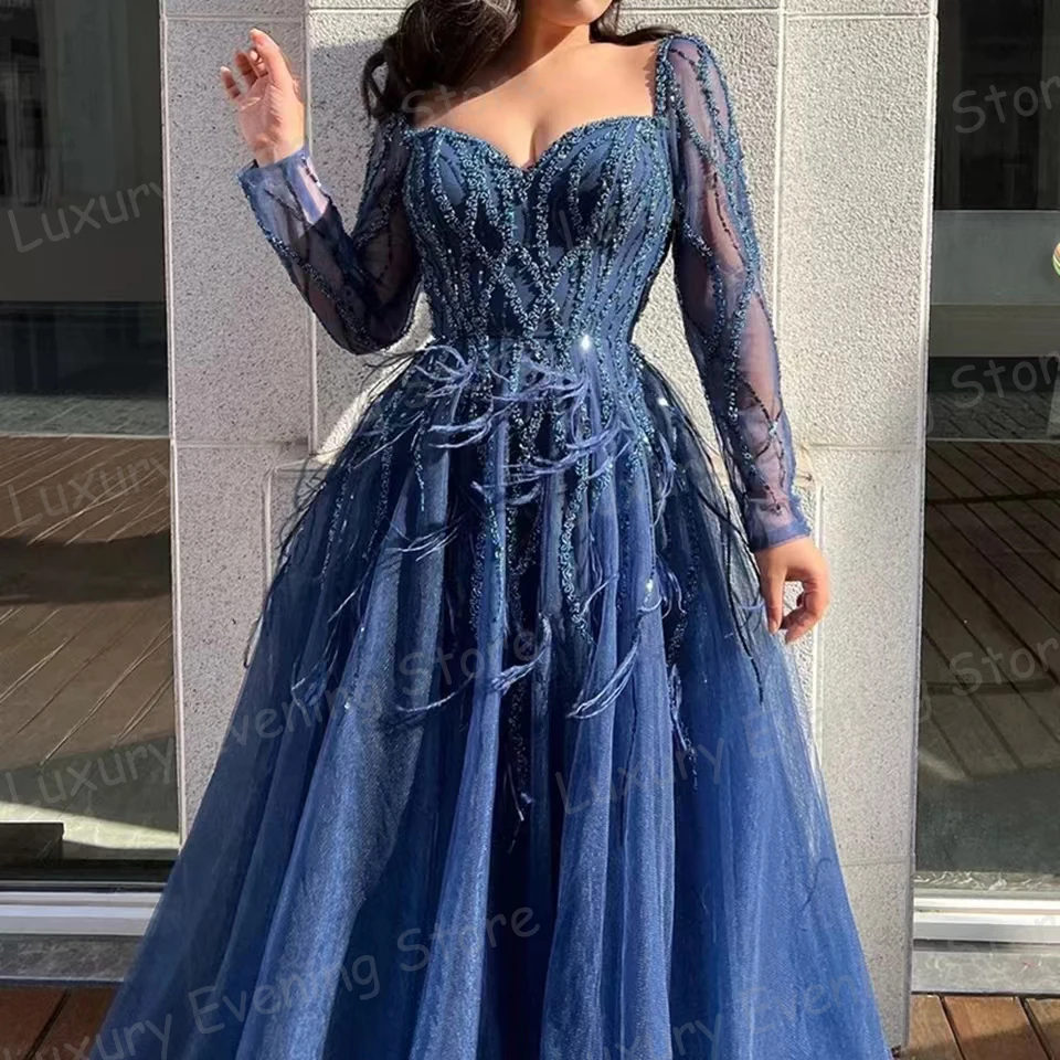 Vintage Feathers Evening Dresses Woman\'s A Line Sexy Split Prom Gowns Appliques Elegant Long Sleeve Fashion Vestidos Customized