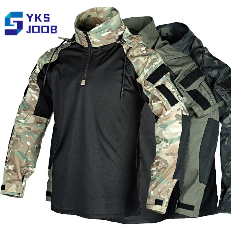 Hiking Tactical Shirt Men Outdoor Breathable Detachable Hooded Camping Top Quick Drying Treking Fishing Military Combat Pullover