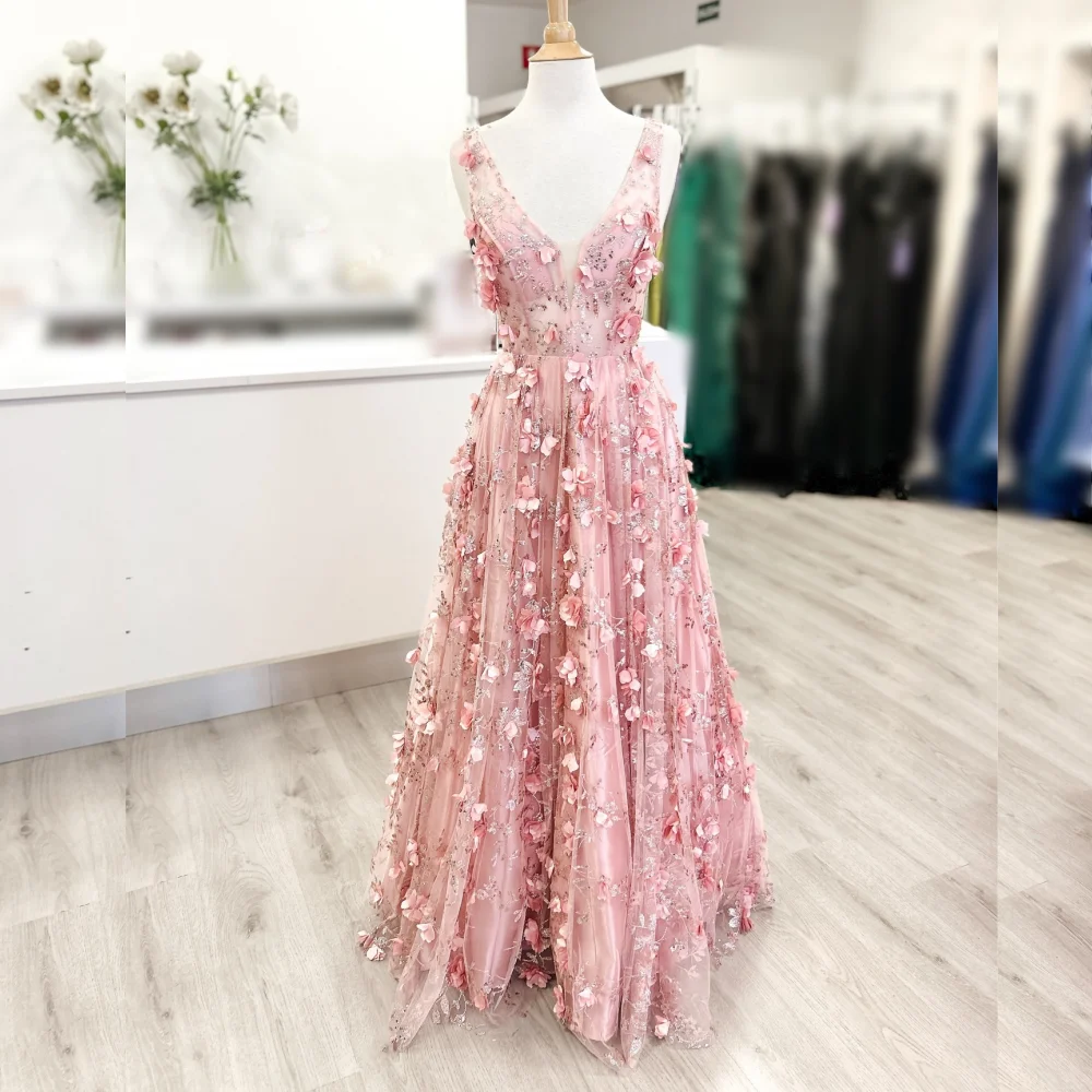 

Customized High Quality Evening Dress Applique Flowers V-neck Long Dresses Bespoke Occasion Elegant Party Wedding