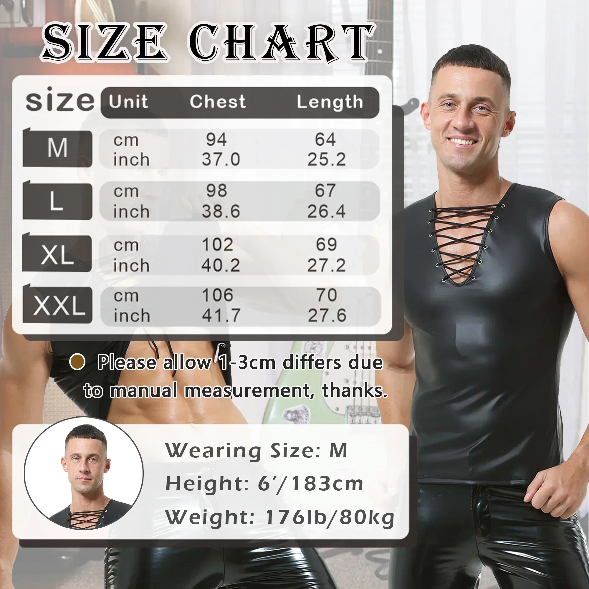 Men Soft Faux Leather Sleeveless Tees Sexy Hollow Out V-neck Tank Top Muscle Vest T-shirt Stage Show Costume Fitness Undershirts