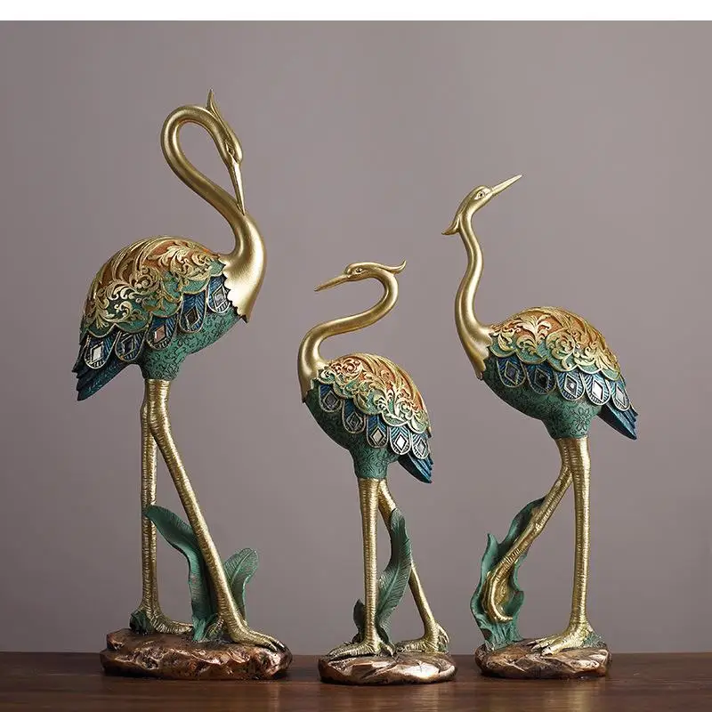 Painted Resin Animal Sculptures, Crane Bird Simulation Statues, Gold Relief Art Decorations, Living Room, Office, Desktop, Gifts