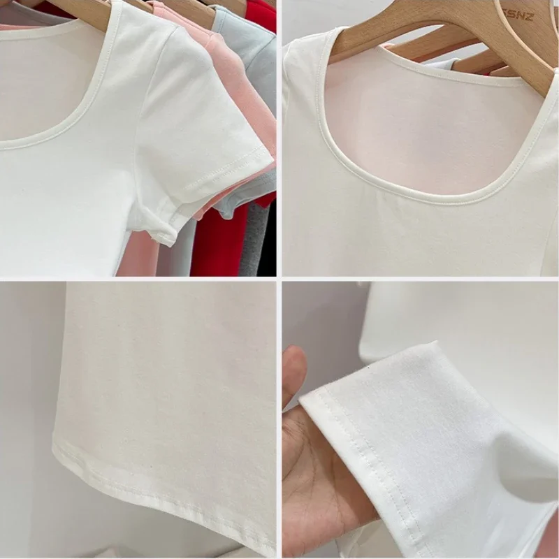 Zjaiss 夏無地スクエアカラー半袖 Tシャツ女性韓国ストリート Tシャツベーシック固体ヤングクールトップス 2025