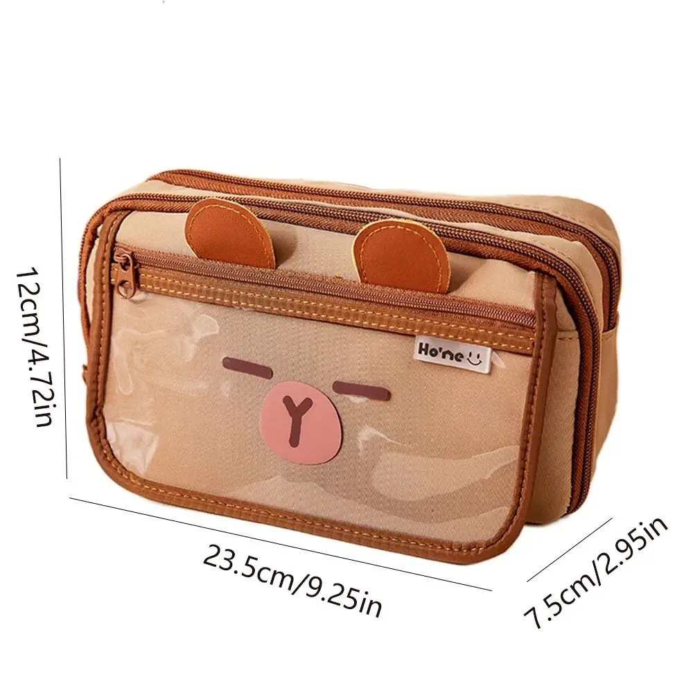 Large Capacity Capybara Stationery Bag Multi Layer 3D Ear Capybara Pen Bag Canvas Flip Cover Cartoon Pencil Pouch Kids Gift