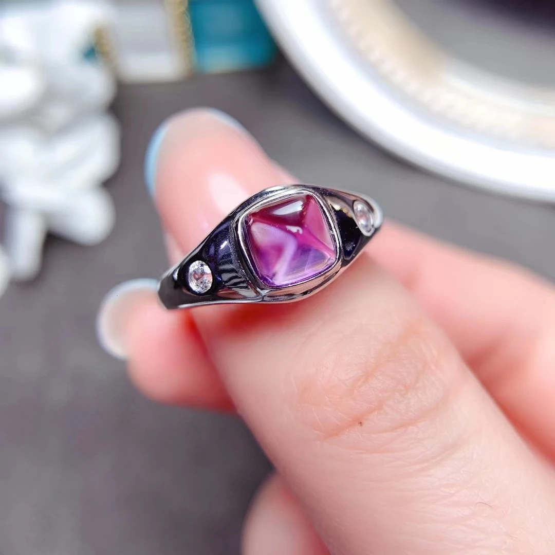 VVS Grade Natural Sugerloaf Amethyst Ring 1ct 6mm*6mm Real Amethyst Jewelry 925 Silver Sugarloaf Gemstone Jewelry