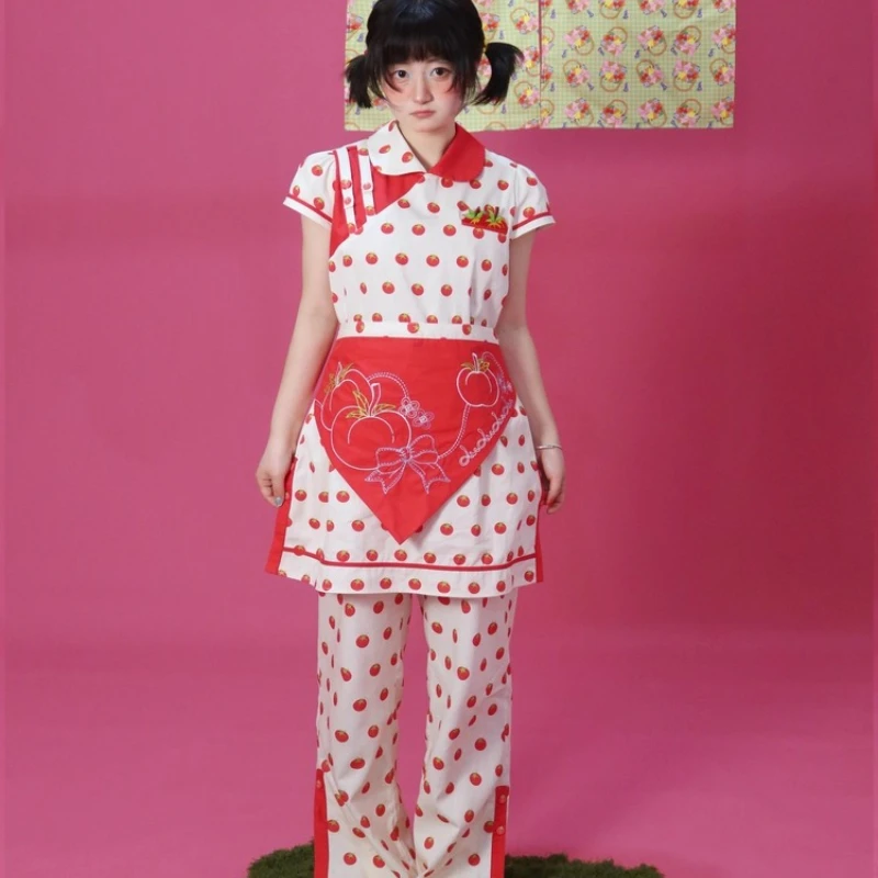 Original Design White Fruit Print Women's Short Dress 2025 Summer New Splicing New Chinese Doll Collar Cheongsam Dressses Ladies