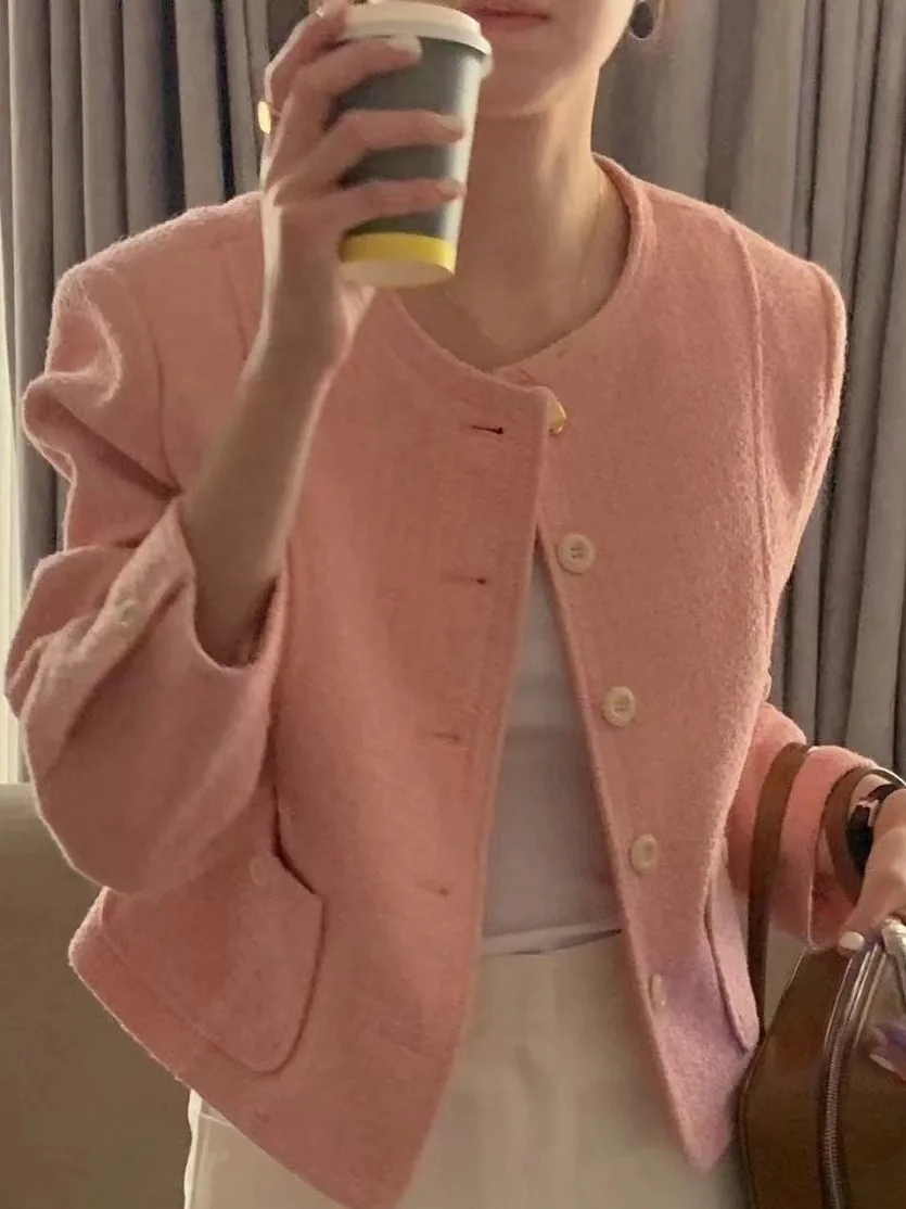 

Korean Sle Sweet ort Svel Women's Suit Jaet Retro round Ne Single Button Loose Fit Spring Faion Outerwear