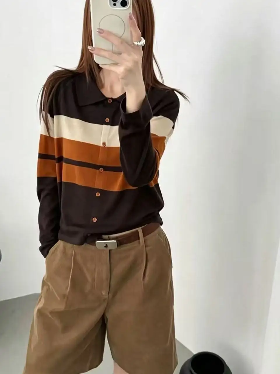 Elegant Women's Fine Wool Blend  Neck Open Cardigan Striped Knitted Sweater Autumn Fashion Korean Style Ladies' Knitwear