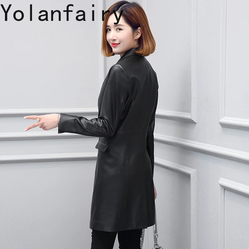 YOLANFAIRY Real Sheepskin Leather Trench Coat Women Spring Autumn Mid-length Genuine Leather Jacket Woman Suit Collar Slim Coats