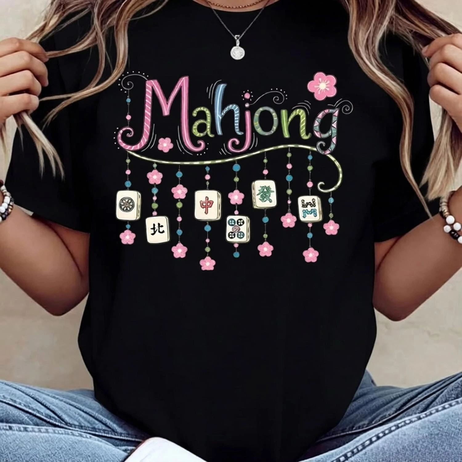 Mahjong-Themed T-Shirt Summer Colorful Mahjong Tiles and Floral Patterns for Casual Wear Women's Dopamine Bright Color T-shirts