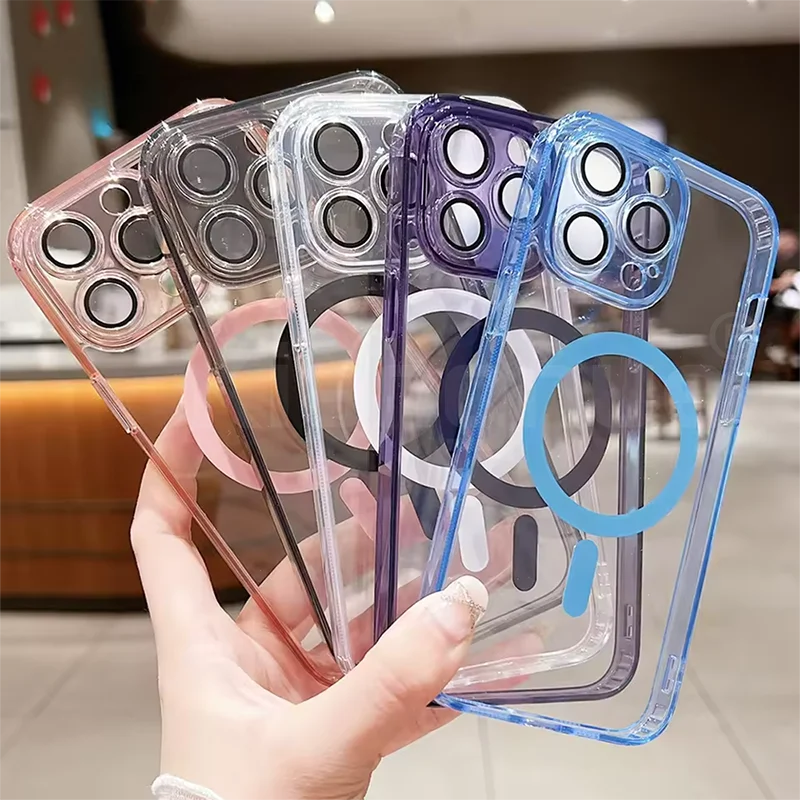 حافظة فاخرة شفافة هجينة بلون الحلوى الصلبة لهاتف آيفون 17 Air 16 15 14 13 12 11 Pro Max Plus مغناطيسية Magsafe Soft Tpu Shell