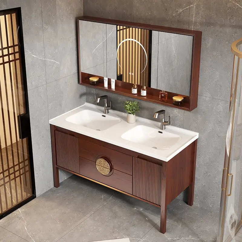 

Ceramic integrated basin bathroom cabinet combination ebony floor-to-ceiling double basin heart hand washing washbasin cabinet