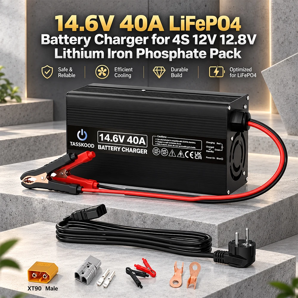 14.6V 40A LiFePO4 Battery Charger for 4S 12V/12.8V, 0V Wake-Up, 3 Connector Options for Golf Carts, RVs, Boats & Trolling Motors