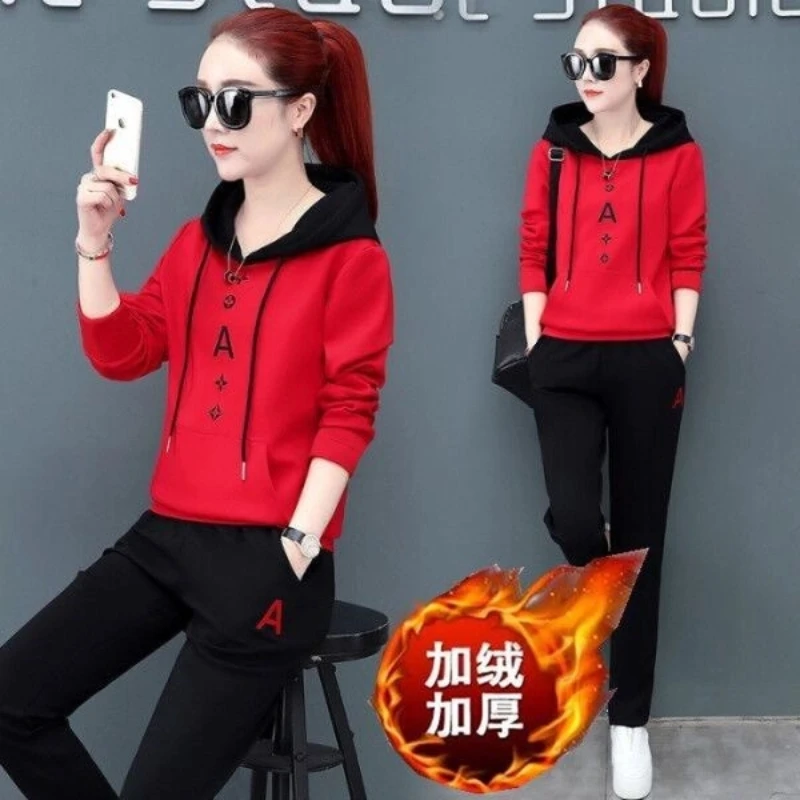 Autumn and Winter New Korean Style Fashionable Hooded Top Casual Pants Sporty Women's Two-piece Set