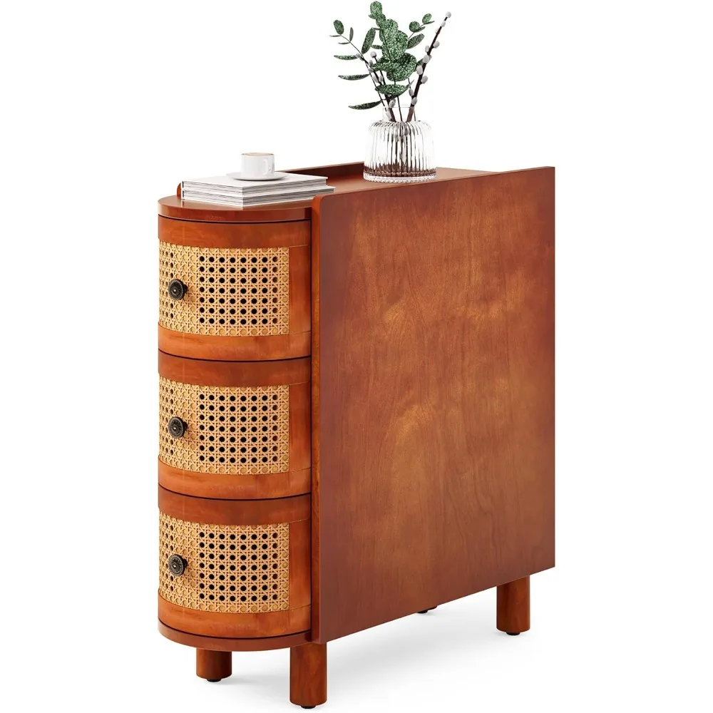 

End Table, Rattan Narrow Side Table, No Assembly Required, Solid Wood Nightstand, Bedside Table for Living Room Bedroom Office