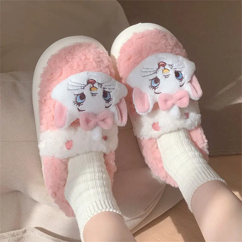 Kawaii Disney Marie Cat Damen-Baumwollhausschuhe, Winterhaus, rutschfeste Plüschhausschuhe, niedliche Cartoon-Schuhe mit weichem Boden