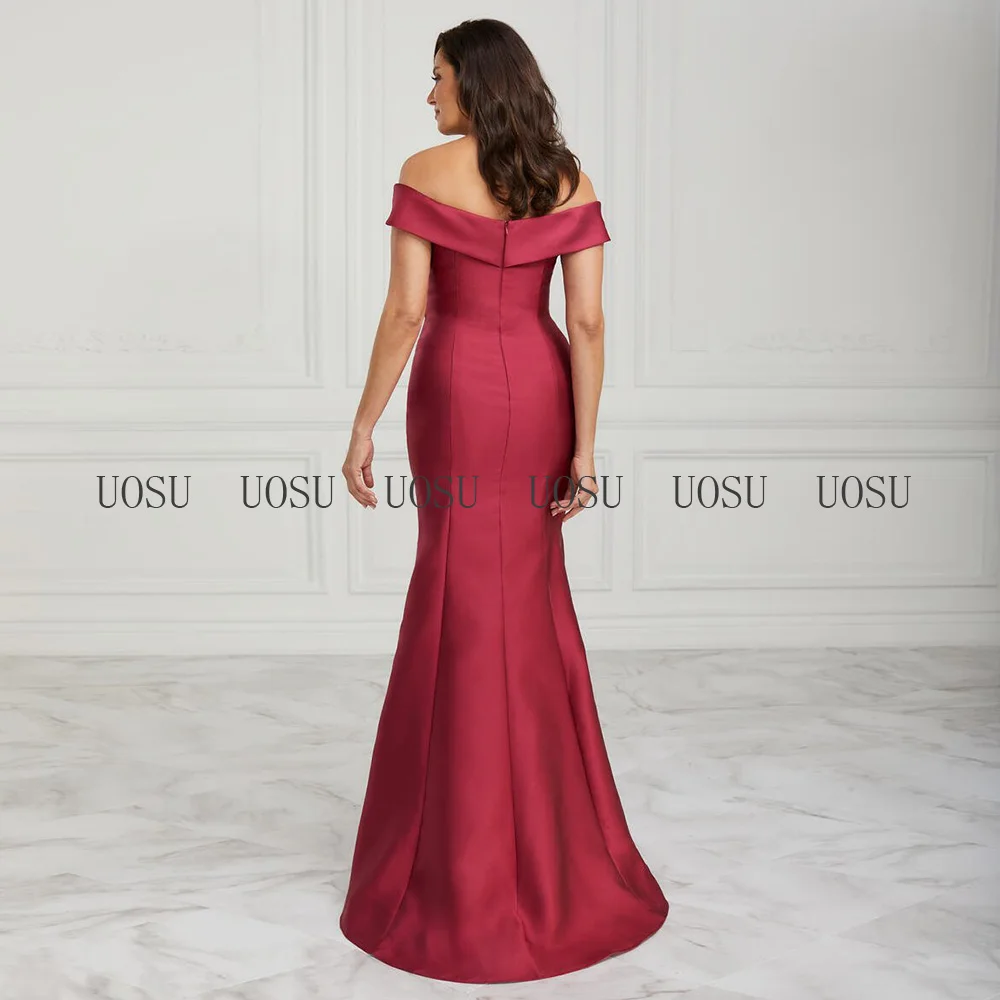 Mother of  Bride Dresses Mermaid Burgundy Satin Wedding Guest Gowns Long V Neck Off  Shoulder Simple  Evening Dress