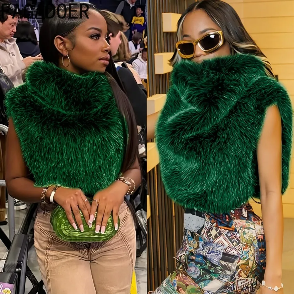 FAGADOER Winter Neue Mode Pelz Patchwork Bodycon Jacke Frau Grün High Neck Ärmel Crop Top Weibliche Streetwear Kleidung
