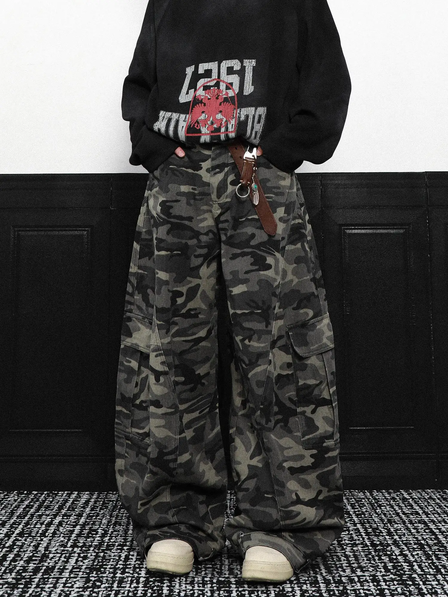 

Американские ретро-джинсы в стиле камуфляж, свободные прямые повседневные брюки для женщин, стильные повседневные брюки Cleanfit Waed out