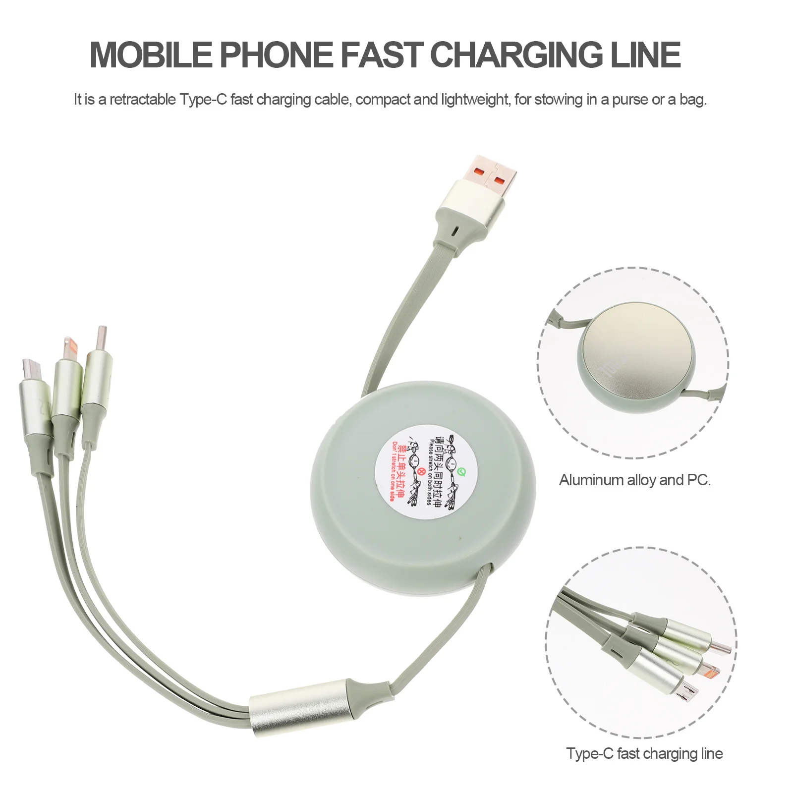

Type-C Fast Charging Cable Portable Compact Retractable Lightweight Mobile Phone Data Transmission Green