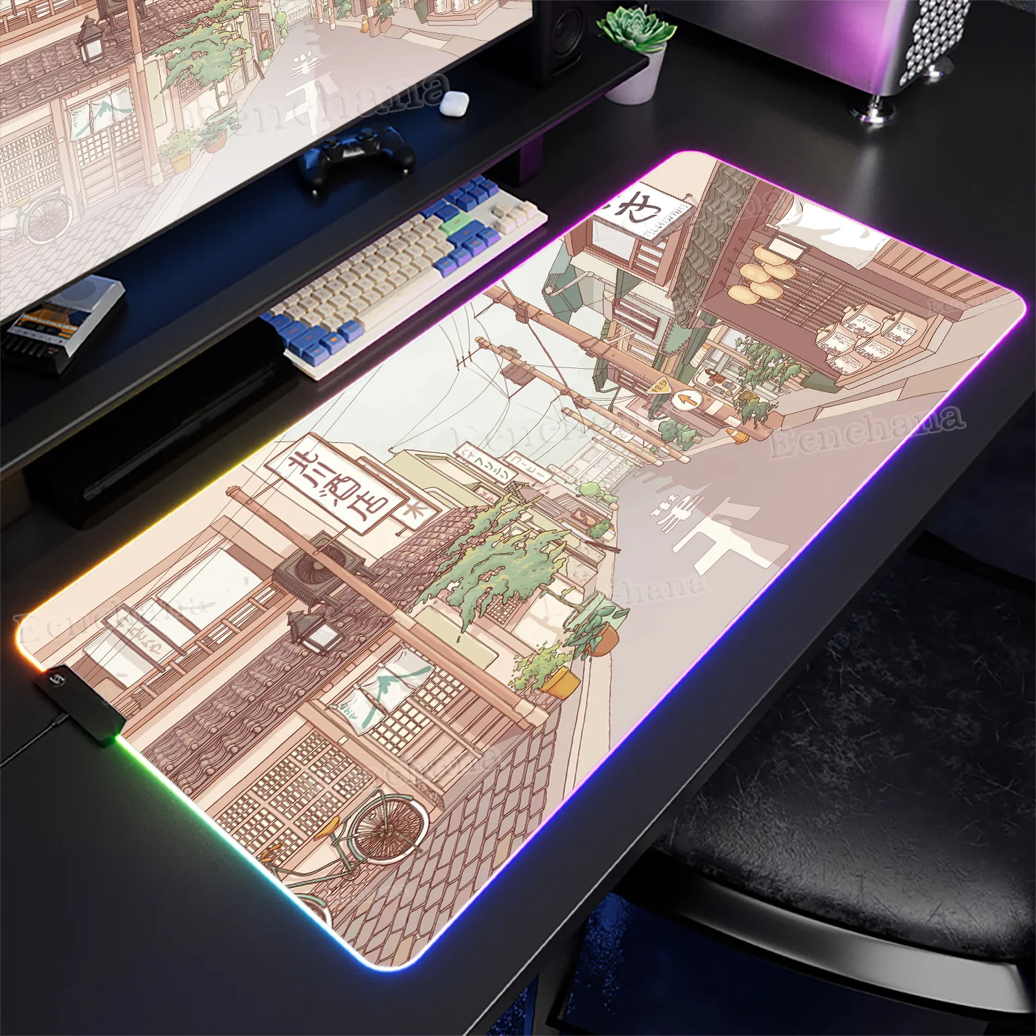

RGB Art Japanese Street View Mouse Pad Large Gaming Desk Mat Anime Luminous Desktop Backlight Keyboard Carpets Big LED Mouse Mat